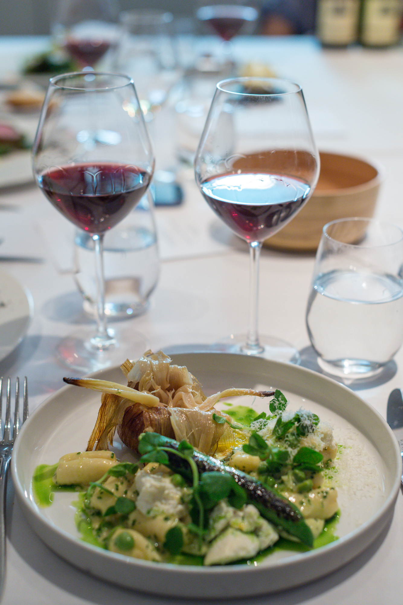 Westcombe ricotta and garlic gnocchi, English pea and parmesan - and German Syrah