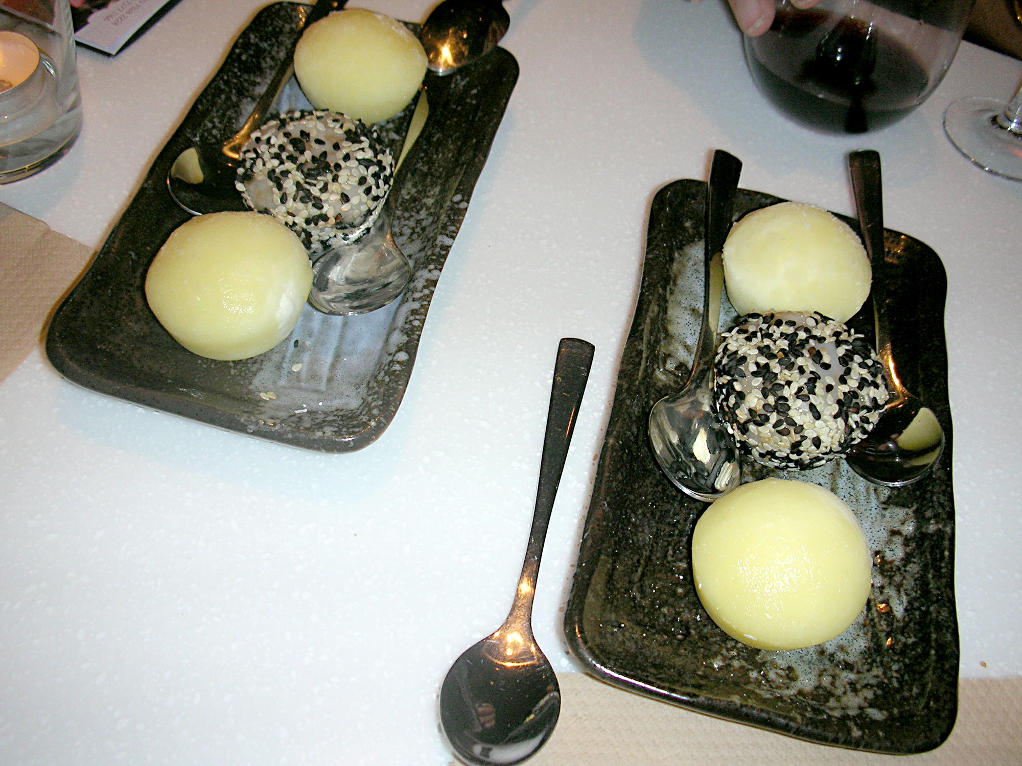yuzu, green tea and seasame mochi ice cream